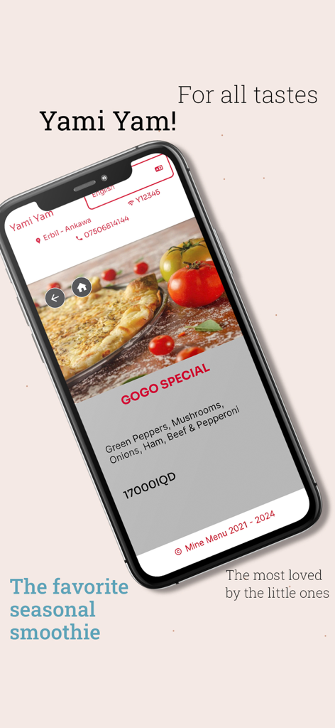 Yami Yam - A smartphone screen displaying the Yami Yam restaurant app menu featuring a Gogo Special pizza with ingredients and price