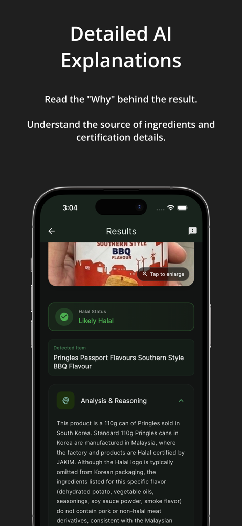 Halal Scanner: HalalChecker AI - Screenshot of Halal Scanner app showing detailed AI analysis and reasoning for Pringles Southern Style BBQ flavor.