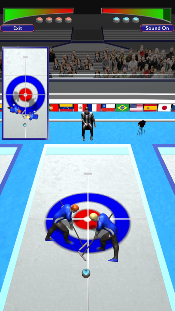 Gameplay of Curling OnLine showing two players sweeping the ice toward the target house in a competitive match.