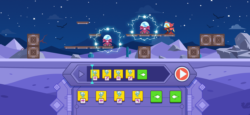 Enfants apprenant à coder avec la programmation par blocs dans un jeu de bataille de méchas dinosaures