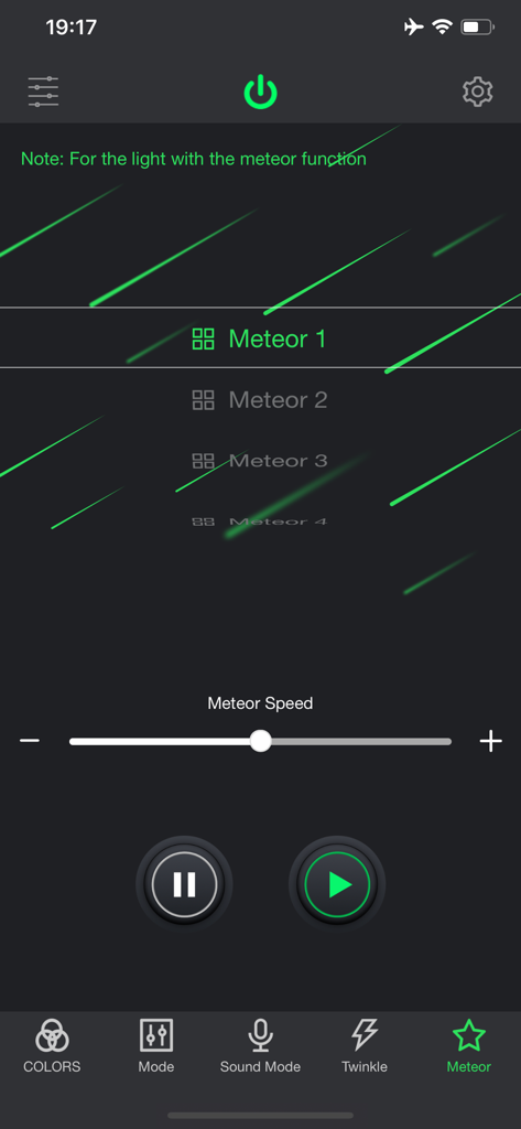 My smartLED - My smartLED app interface showing meteor light effect settings and speed control