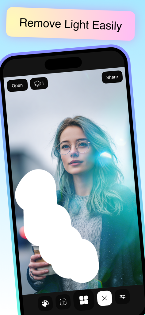Interfaz de la aplicación móvil que demuestra la herramienta de borrador de luz en un retrato