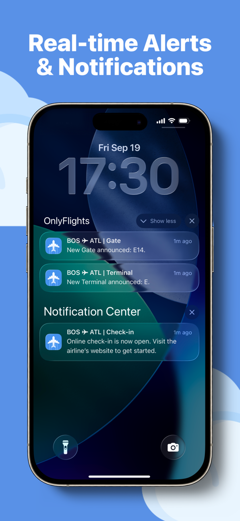 OnlyFlights - Flight Tracker - OnlyFlightsアプリがiPhoneのロック画面にゲートとターミナルの変更に関するリアルタイムフライトアラートを表示しています