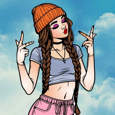 realistic teenage girl with braids and a beanie and crop top doing 🫶🏼