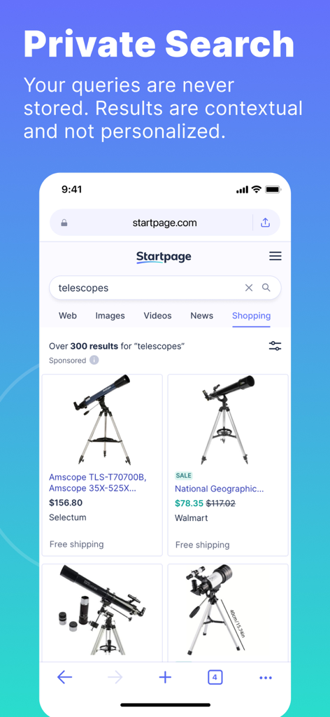 Startpage - Private Browser - Startpage private browser app showing search results for telescopes with a focus on privacy and non-personalized content.