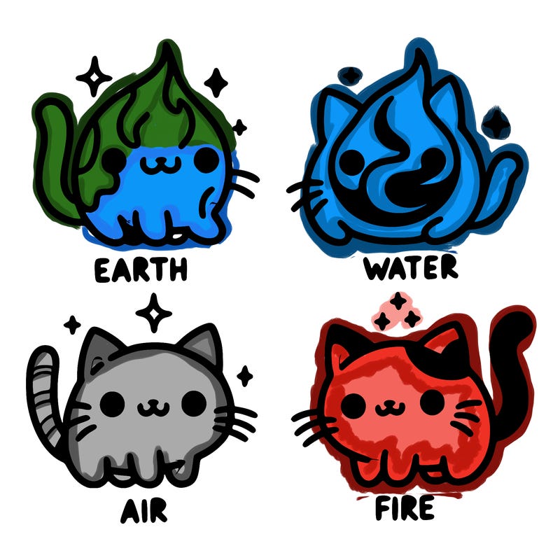 4 cats that represent the different elements, earth, water, air, and fire