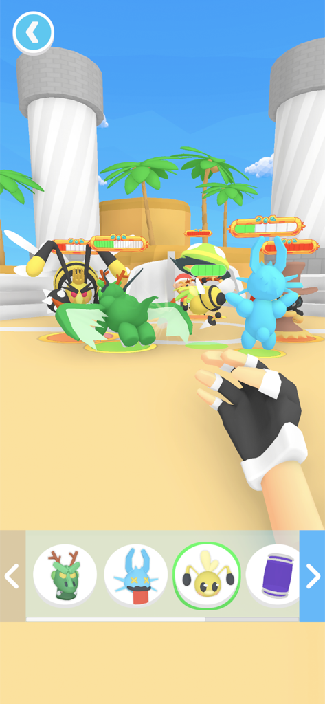 Monster Box! - モンスターボックスのゲームプレイ画面。いくつかの生き物が3Dバトルアリーナで戦っている様子を表示。