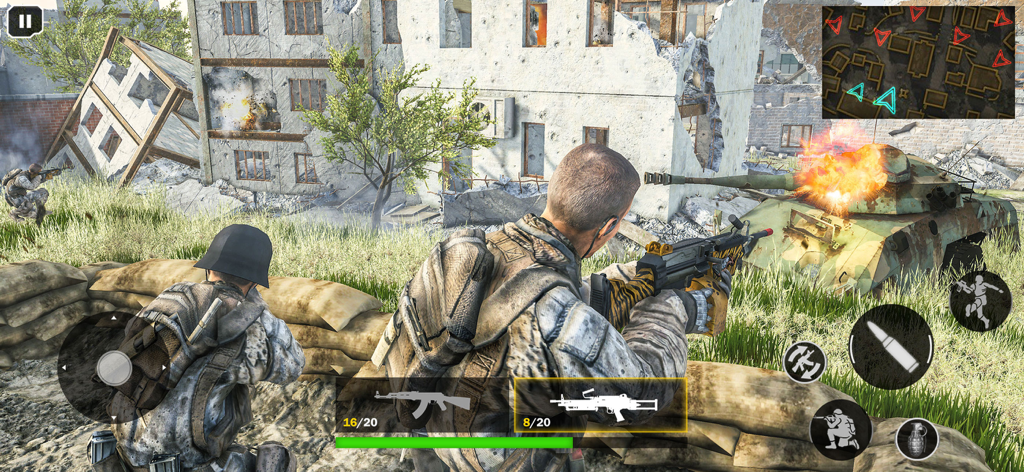 American Shooter : Cover Fire - Third-person gameplay of American Shooter Cover Fire showing soldiers behind sandbags and an exploding tank in a war zone.