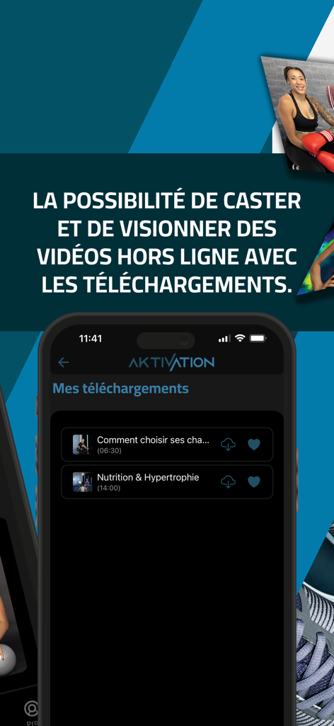 Interface de l'application de fitness Aktivation montrant une liste de vidéos d'entraînement téléchargées pour une visualisation hors ligne.