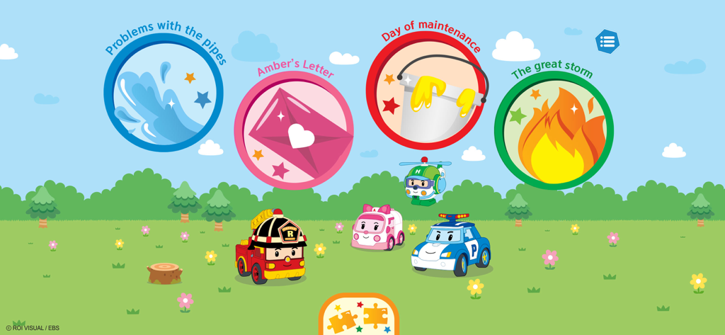 Robocar Poli New Adventures - Main menu of Robocar Poli New Adventures game featuring four rescue missions and the main characters in a grassy park