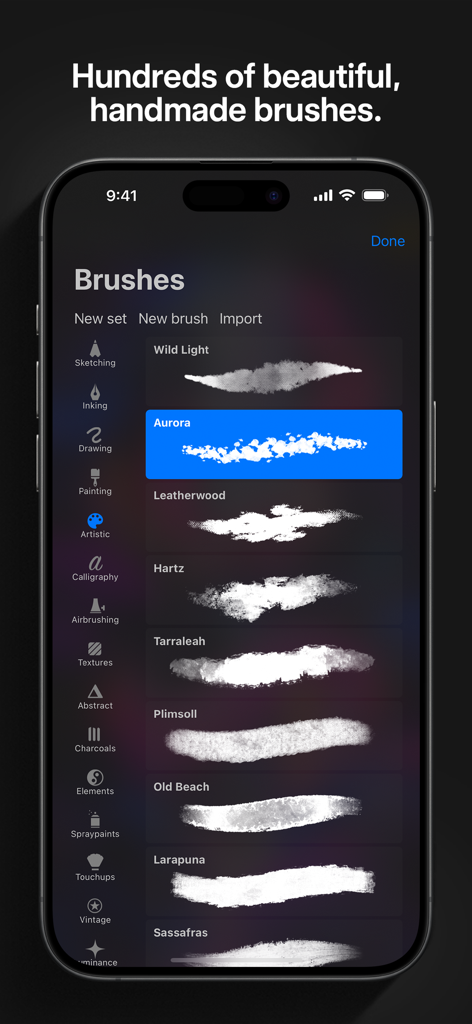 Interface de l'application Procreate Pocket sur iPhone affichant une liste de pinceaux d'art numérique professionnels dans une galerie en mode sombre