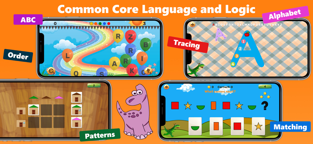 Halloween Puzzle Game for Kids - Educational game screens showing alphabet tracing pattern matching and language logic activities for kids