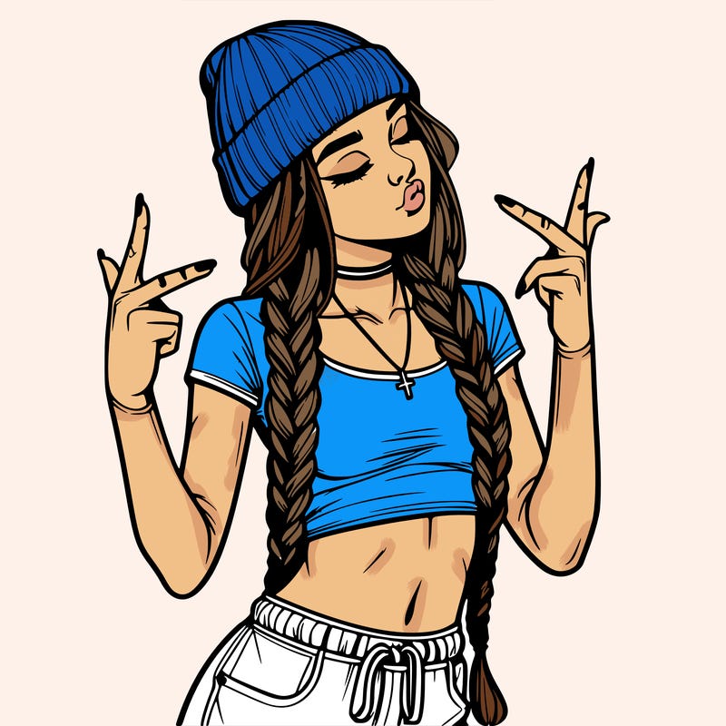 realistic teenage girl with braids and a beanie and crop top doing 🫶🏼