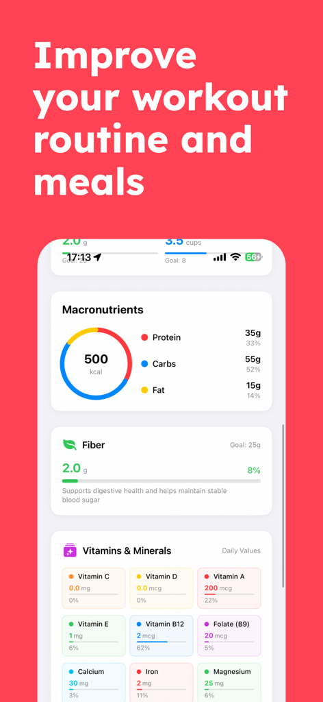 Insane - AI Cal Fit Tracker - Nutrition dashboard in Insane AI Cal Fit Tracker app showing macronutrients vitamins and minerals analysis