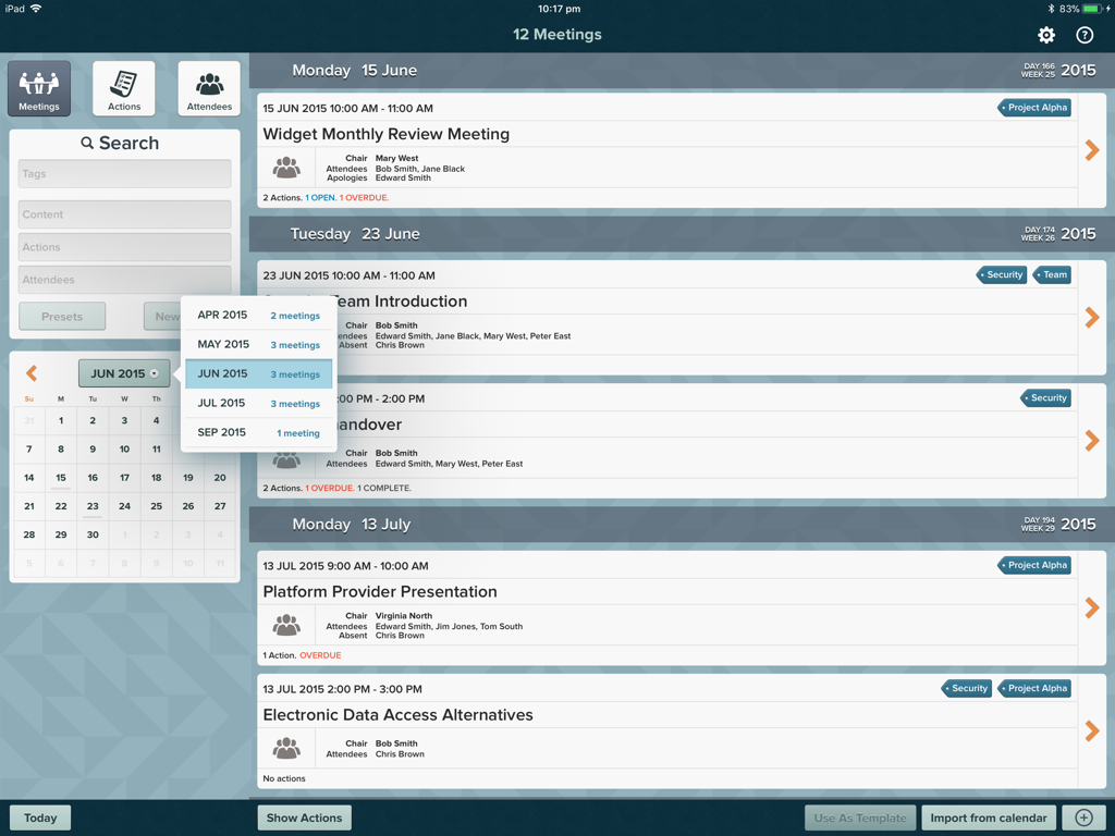 Main dashboard of the for Meetings iPad app showing a scheduled list of meetings with details like chair, attendees, and action items.