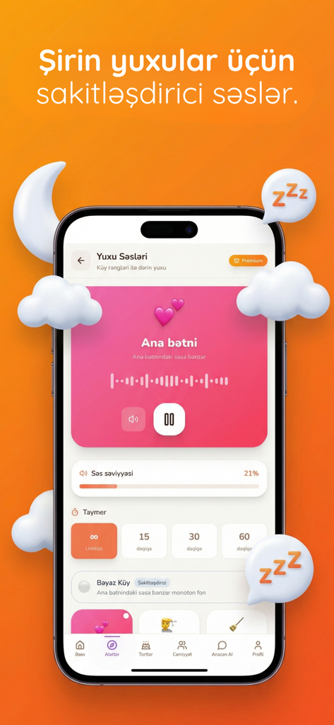 Anacan - Captura de pantalla de la aplicación móvil Anacan que muestra sonidos relajantes para dormir para bebés en idioma azerbaiyano