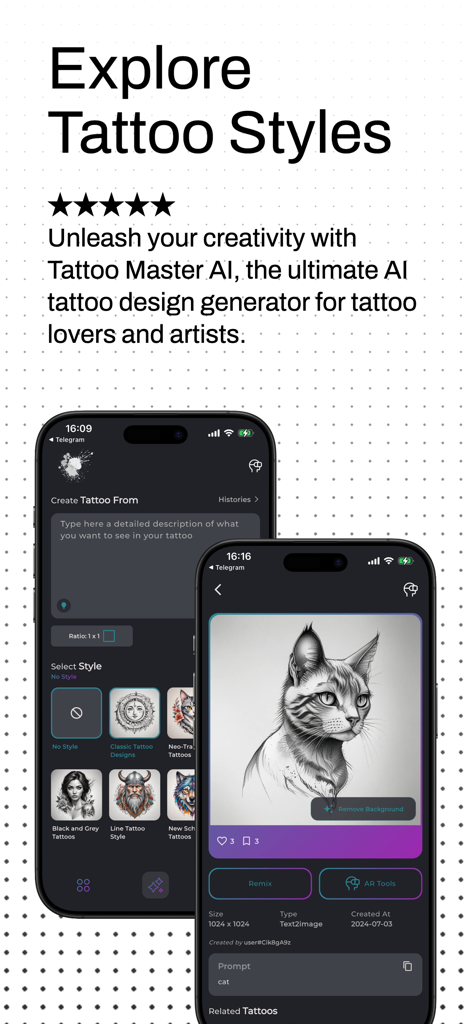InkStudio – Tattoo Master AI - InkStudio app interface showing various tattoo styles and an AI generated cat tattoo design