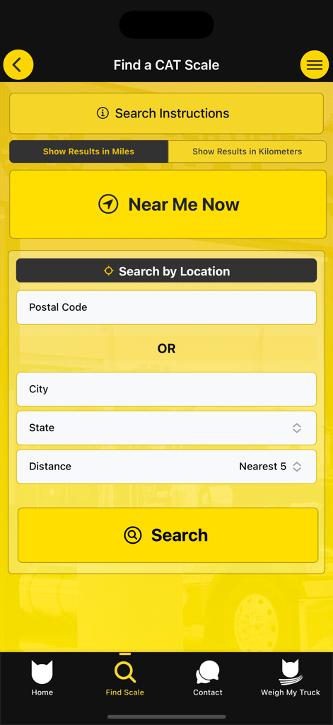 CAT Scale Locator - Tela de busca do aplicativo CAT Scale Locator com opções para "Perto de Mim Agora" e campos de busca baseados em localização.