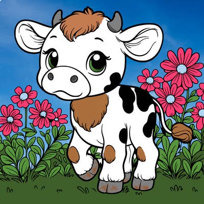 baby cow in a field of flowers