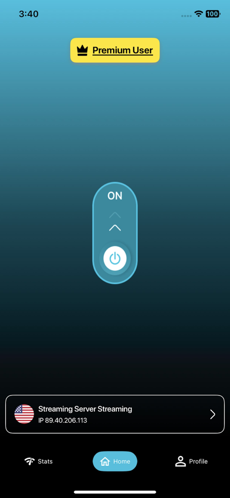 GamingVPN mobile app dashboard showing a premium user connected to a high speed US streaming server