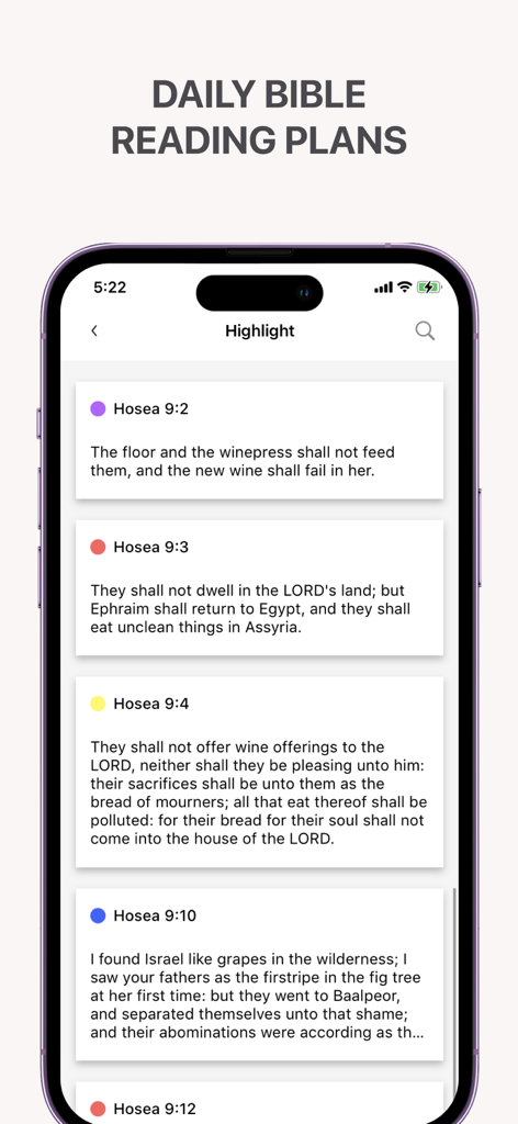 Mobile app screen displaying highlighted Bible verses from the book of Hosea