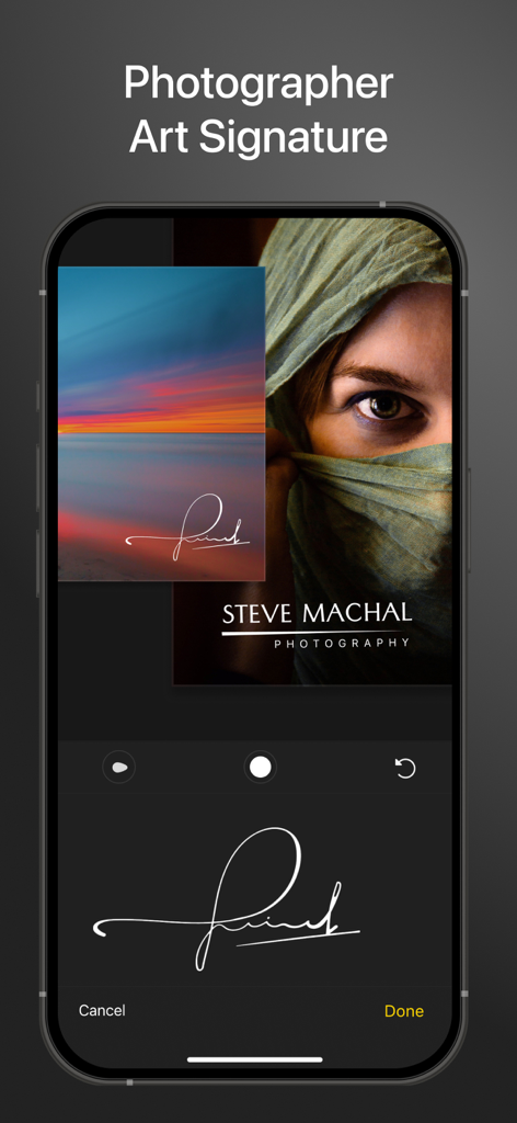 Screenshot of the Varlens app showing the custom photographer signature and watermarking tool for mobile photography.