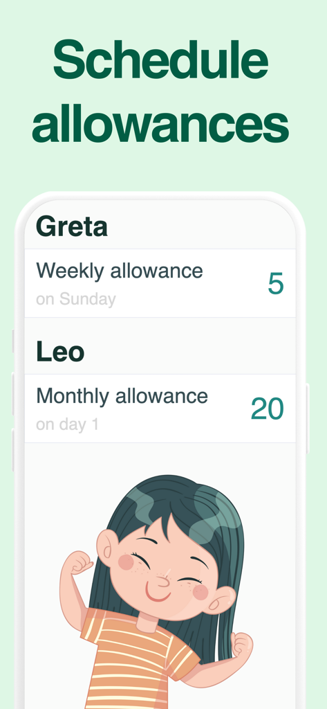 Piggy Bank Kids - Bomad - Interface of the Piggy Bank Kids app showing how to schedule weekly and monthly allowances for different children