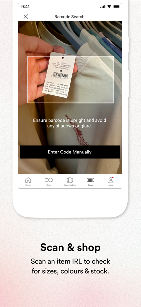 Cotton On - Mobile screen showing the Cotton On app barcode scanner being used to scan a clothing tag in a store