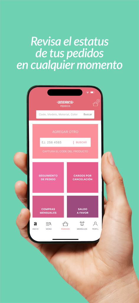 Andrea - Smartphone mostrando la interfaz de la app Andrea para verificar el estado del pedido y rastrear ventas