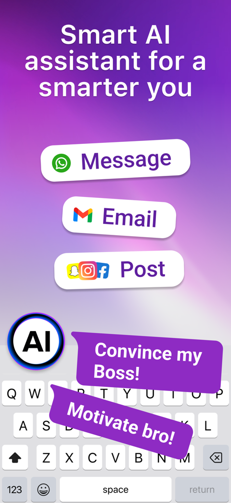 Bobble AI Keyboard interface showing smart assistant options for messaging, email, and social media posts with AI chat prompts.