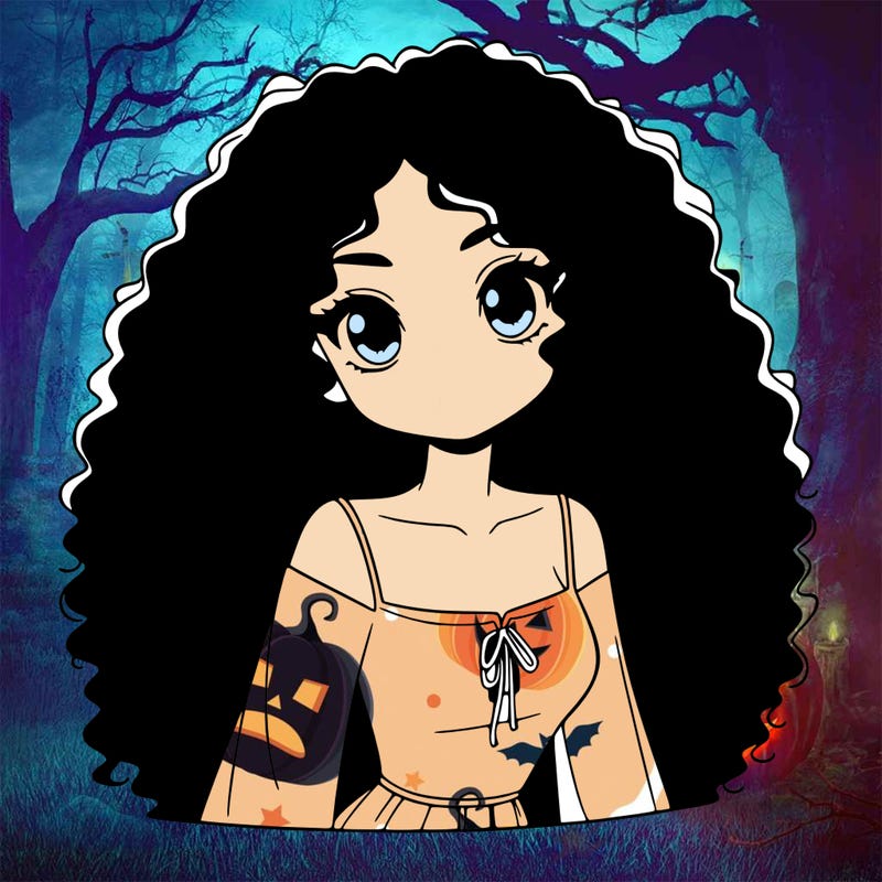 a black anime girl with long afro hair