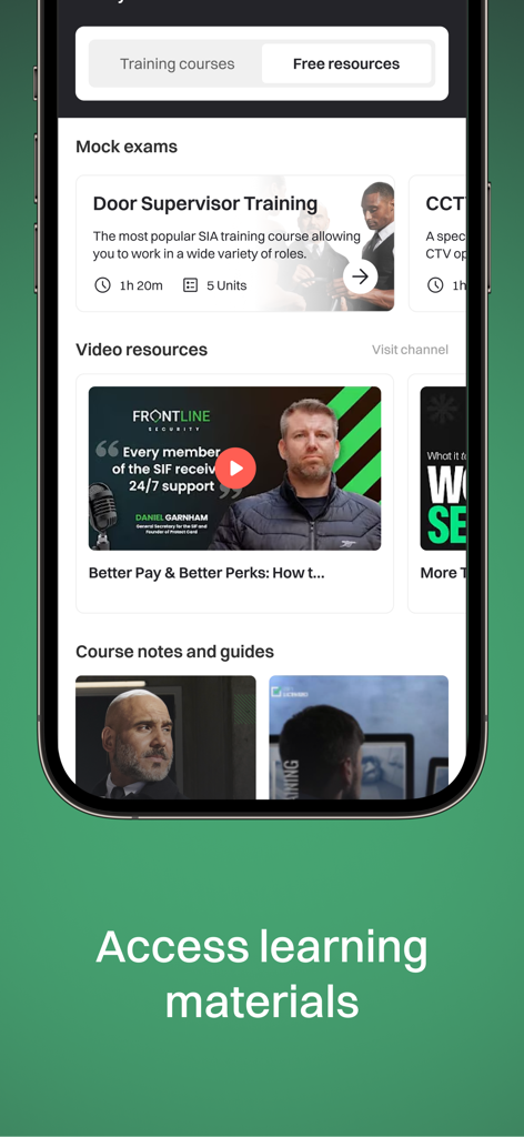 GuardPass by Get Licensed - 警備トレーニングの模擬試験とビデオリソースを示すGuardPassアプリのインターフェイス