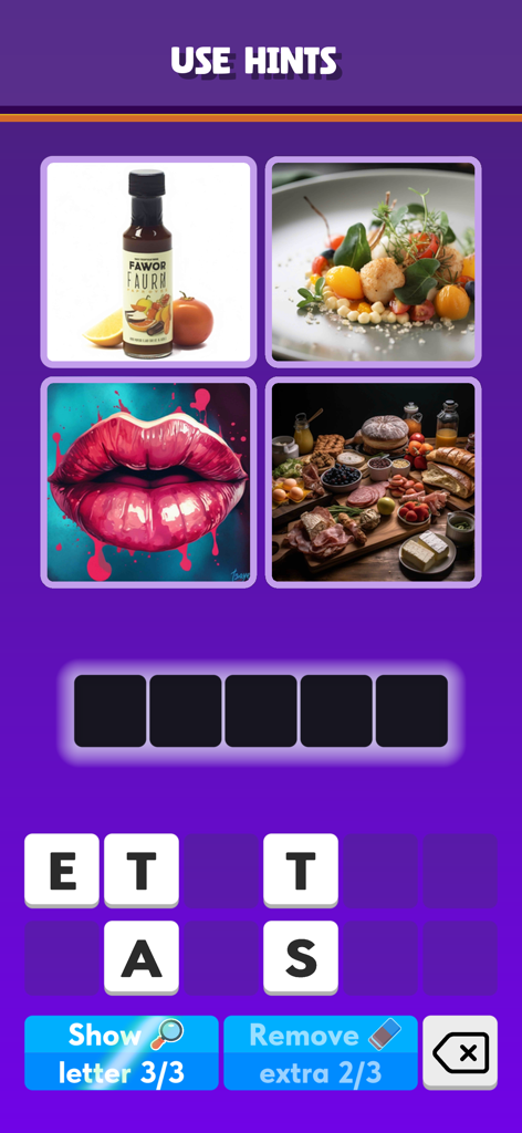 4 Pics 1 Word - Guess Picture - Word puzzle game screen showing four images and letters to guess a word using hints