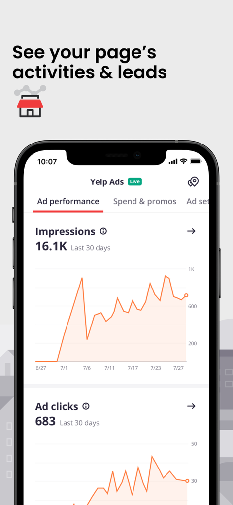 Yelp for Business App - Interface do aplicativo Yelp para Empresas exibindo análises de desempenho de anúncios com gráficos para impressões e cliques de anúncios.