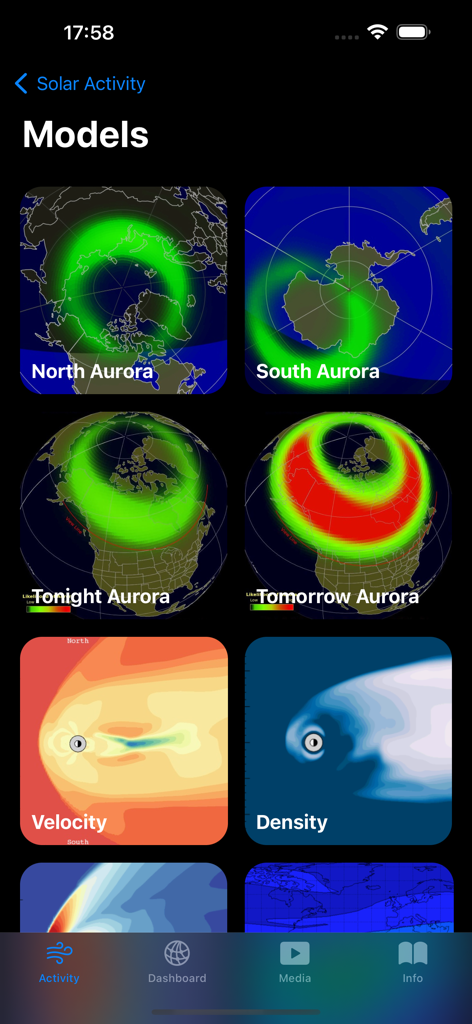 Solar Activity Pro - Tela do aplicativo Solar Activity Pro exibindo vários modelos de previsão de aurora e mapas de velocidade e densidade do vento solar