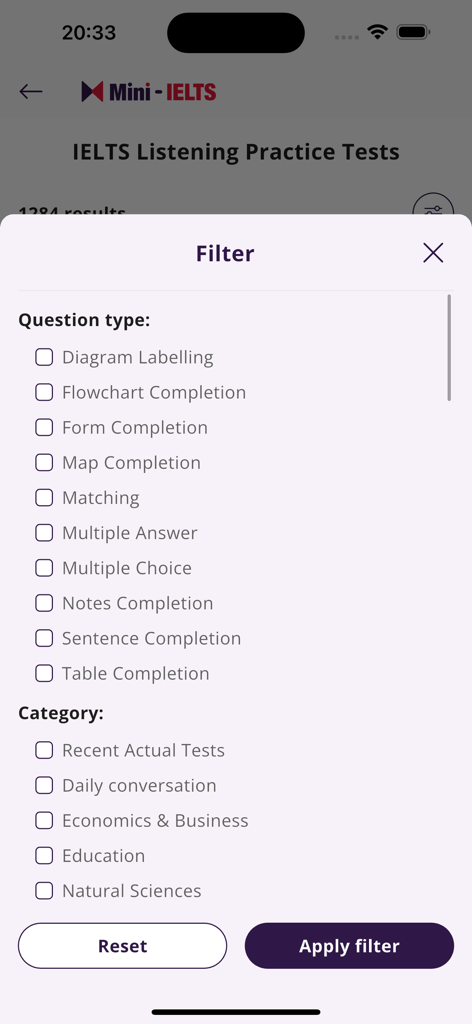 Mini IELTS - Filtering options for IELTS listening practice tests in the Mini IELTS app by question type and category