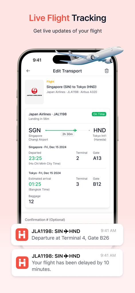 Holicay - Holicay app interface showing real-time flight tracking and status notifications