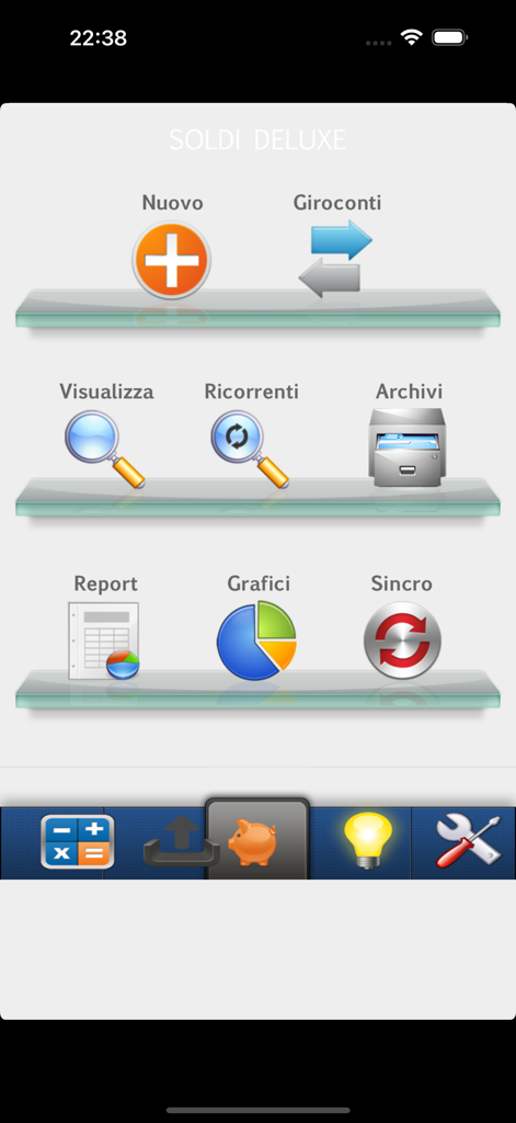 Budget Deluxe アプリのメインメニュー。ガラス棚にチャートやレポートのような財務アイコンが表示されています