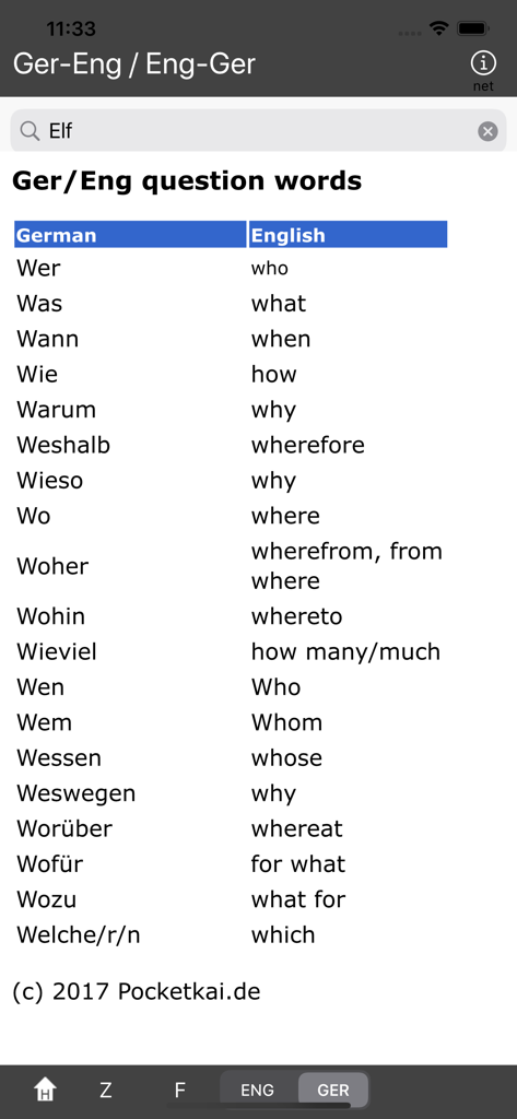 Ger/Eng - Eng/Ger - A translation table of German and English question words within a mobile dictionary app