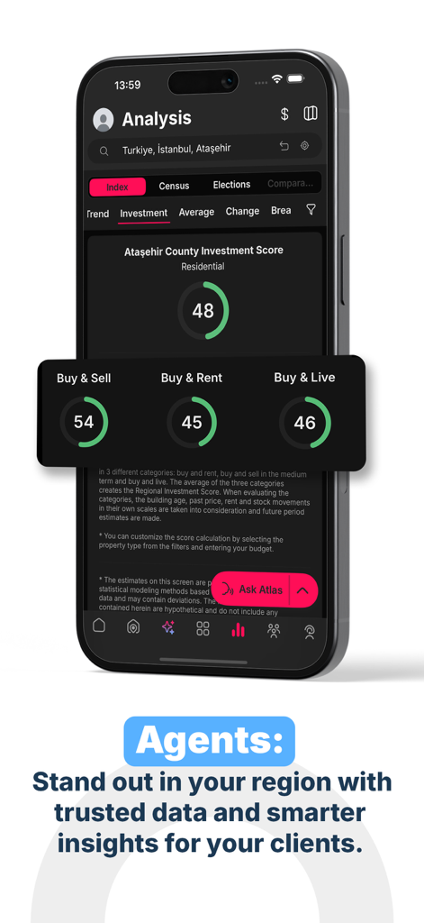 Endeksa: Value & Sell Property - Endeksaモバイルアプリの画面に、エージェント向けの不動産投資スコアと市場分析が表示されています
