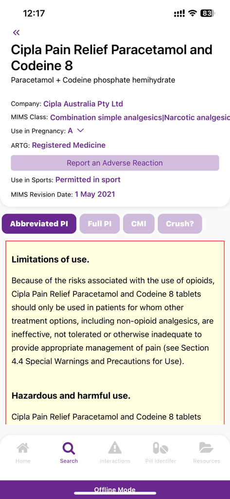 Detailed medicine information and safety warnings for Cipla Pain Relief in the eMIMS Elite app
