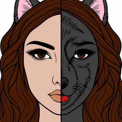 split face realistic woman and wolf