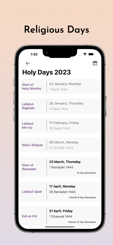 Calendario dei giorni religiosi islamici e delle date sacre nell'app Azan Time Pro