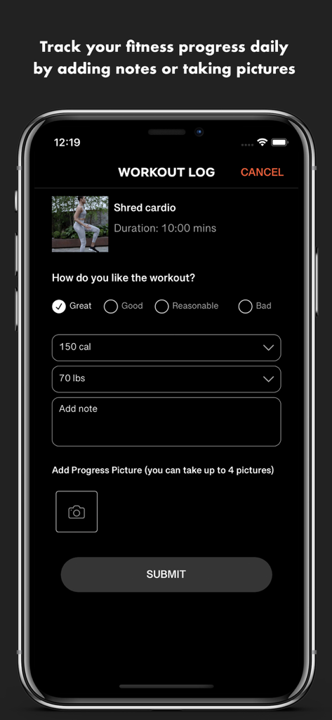 Doviesfitness app workout log screen showing options to track exercise progress with notes and photos