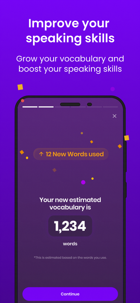 Leya AI: Learn English Fast - Leya AI app interface showing estimated vocabulary size and new words used