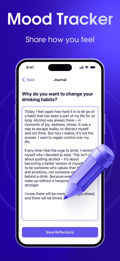 Sober Counter, Alcohol Tracker - ReSober App Stimmungstracker-Bildschirm mit einer Journalaufforderung zu veränderten Trinkgewohnheiten mit einem Button zum Speichern von Reflexionen.