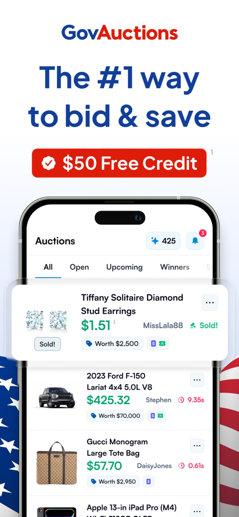 GovAuctions.com - Bid and Save - Interfaz de la aplicación GovAuctions que muestra listados de subastas de joyería y artículos de lujo con una oferta de crédito gratuito