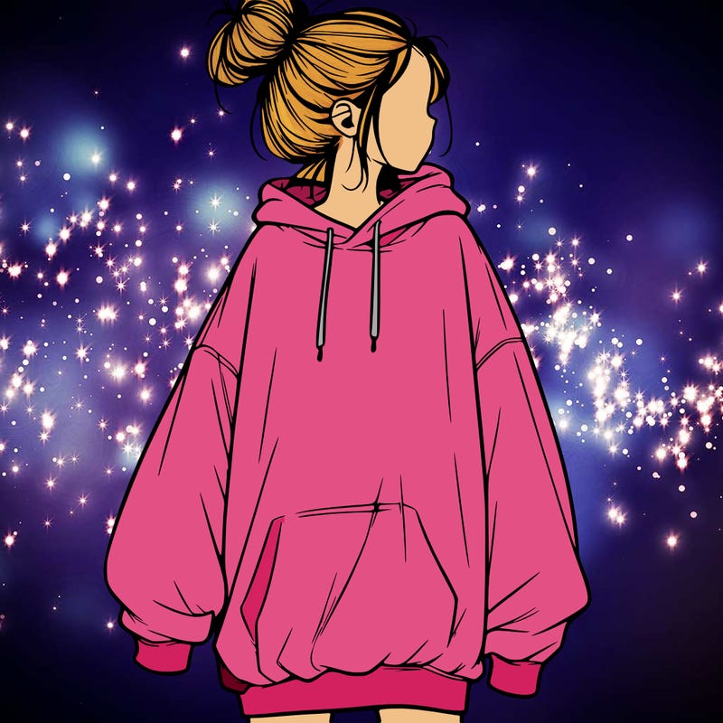 realistic girl with a oversized sweatshirt on and a bun