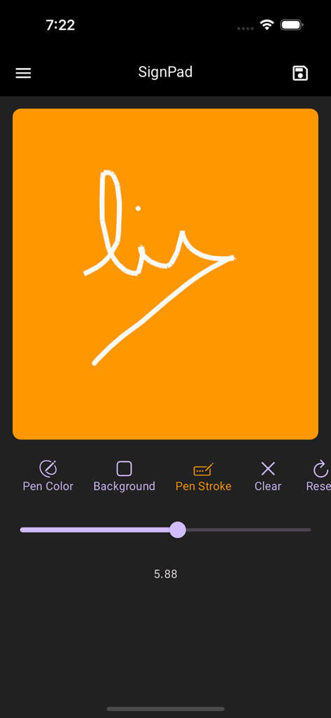 SignPad app interface showing a signature on an orange background with pen stroke customization settings.