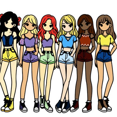a group of girls wearing crop tops and shorts